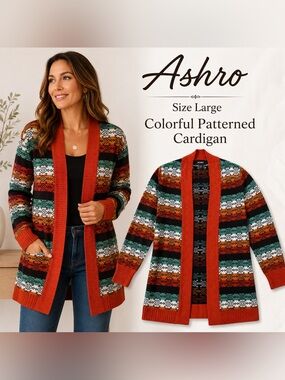 Ashro Women’s Size Large Colorful Geometric Open Front Cardigan
